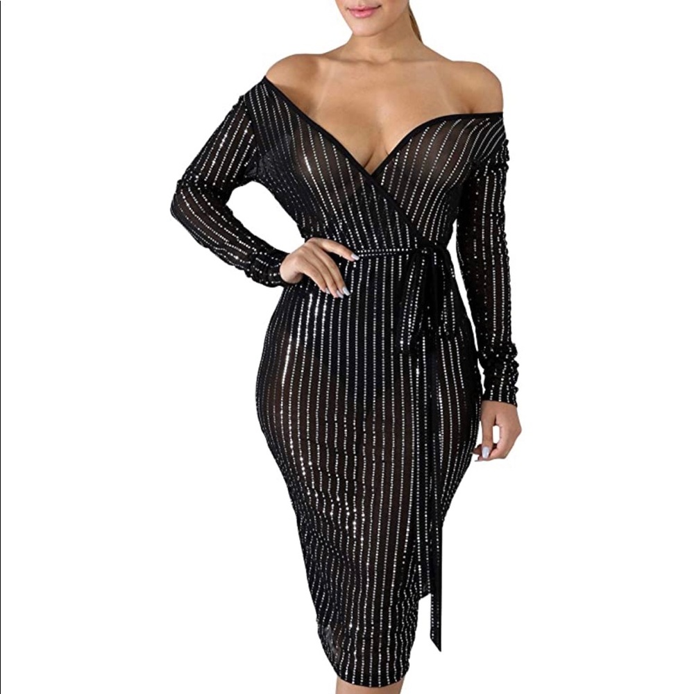 Cocktail party dress see through off the shoulder